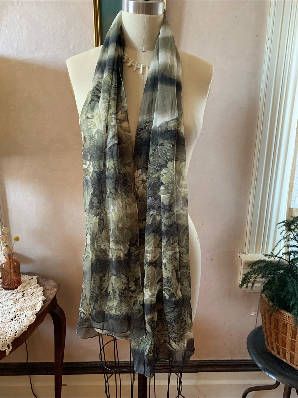 100% Silk Floral Sheertt Long Scarf in Olive and Charcoal